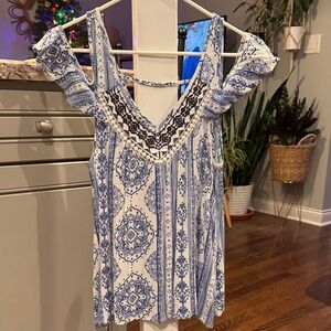 Blue and White Bohemian Cold Shoulder Blouse